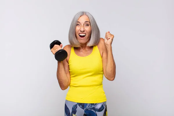 Middle Age Woman Feeling Shocked Excited Happy Laughing Celebrating Success — Stock Photo, Image