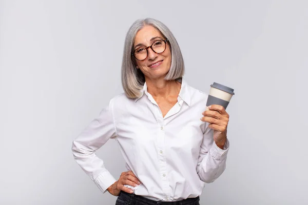 Middle Age Woman Smiling Happily Hand Hip Confident Positive Proud — Stock Photo, Image