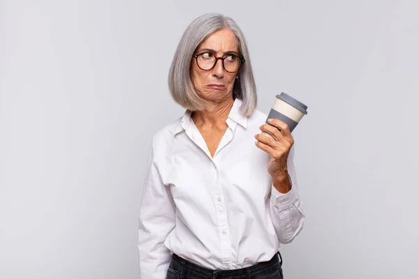 Middle Age Woman Feeling Sad Upset Angry Looking Side Negative — Stock Photo, Image