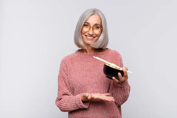 Middle Age Woman Smiling Cheerfully Feeling Happy Showing Concept Copy — Stock Photo, Image