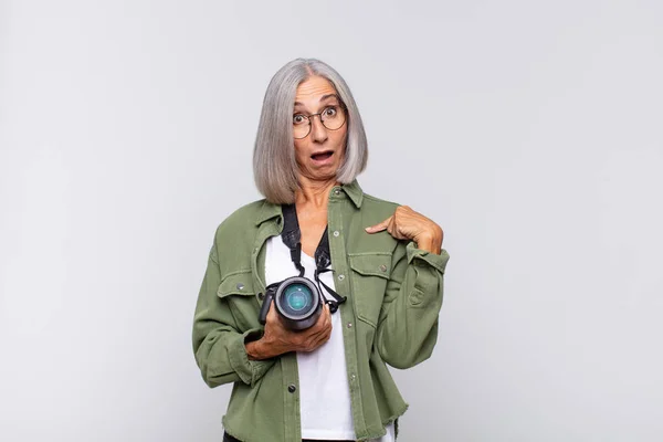 Middle Age Woman Feeling Happy Surprised Proud Pointing Self Excited — Stock Photo, Image