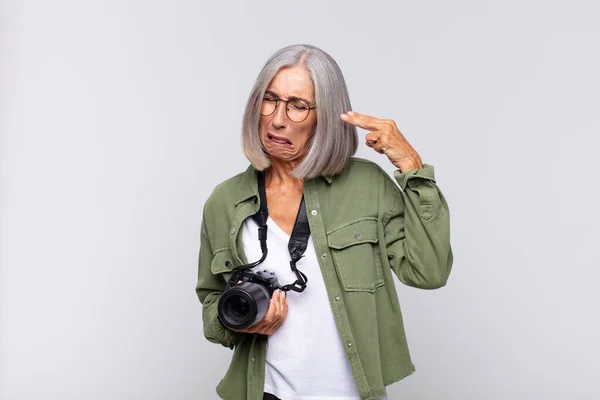Middle Age Woman Looking Unhappy Stressed Suicide Gesture Making Gun — Stock Photo, Image