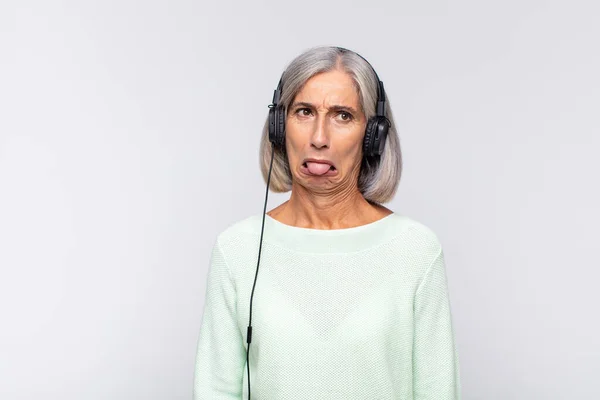 Middle Age Woman Feeling Disgusted Irritated Sticking Tongue Out Disliking — Stock Photo, Image