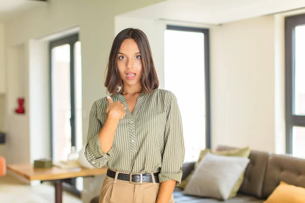 Young Latin Woman Looking Happy Proud Surprised Cheerfully Pointing Self — Stock Photo, Image