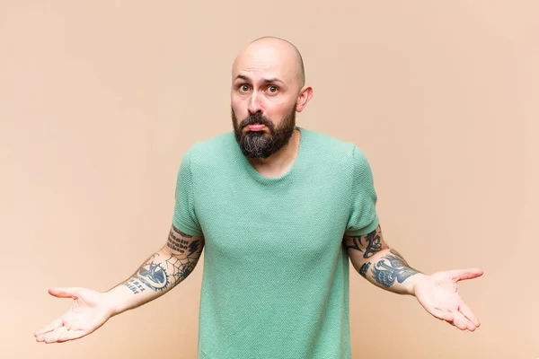 Young Bald Bearded Man Feeling Clueless Confused Having Idea Absolutely — Foto Stock