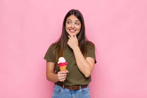 Young Pretty Woman Ice Cream Smiling Happy Confident Expression Hand — Stock Photo, Image