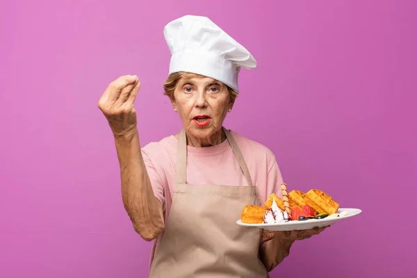 Mature Beautiful Old Woman Making Capice Money Gesture Telling You — Stock Photo, Image