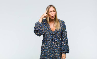 Genç, güzel bir kadın şaşırmış, ağzı açık, şok olmuş, yeni bir düşünce, fikir ya da konsept keşfediyor.