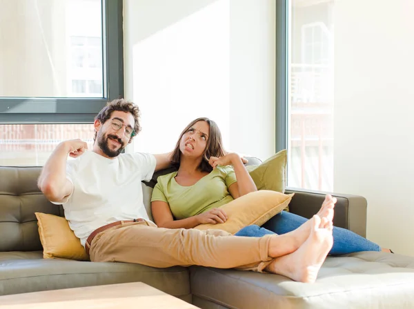 Young Couple Feeling Stressed Anxious Tired Frustrated Pulling Shirt Neck — Stock Photo, Image