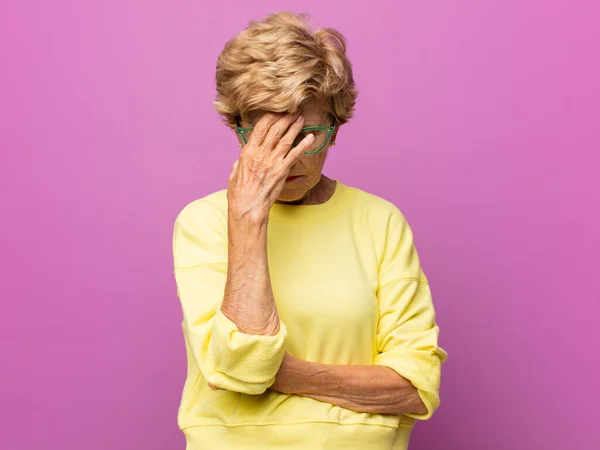 Old Pretty Woman Looking Stressed Ashamed Upset Headache Covering Face — Stock Photo, Image