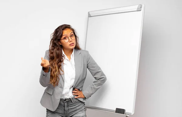 Young Businesswoman Making Capice Money Gesture Telling You Pay Your — Stock Photo, Image