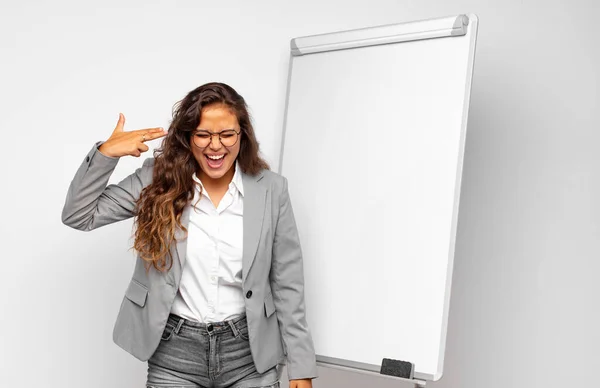 Young Businesswoman Looking Unhappy Stressed Suicide Gesture Making Gun Sign — Stock Photo, Image