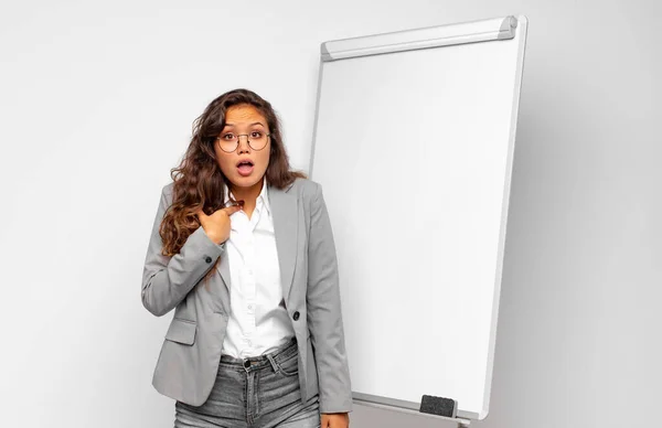 Young Businesswoman Looking Shocked Surprised Mouth Wide Open Pointing Self — Stock Photo, Image