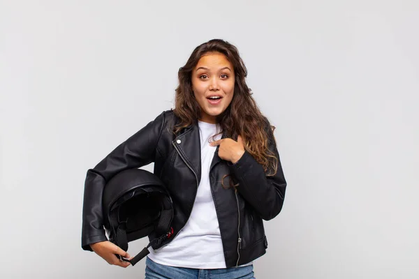 Young Woman Motorbike Rider Feeling Happy Surprised Proud Pointing Self — Stock Photo, Image