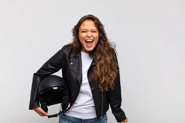 Young Woman Motorbike Rider Shouting Aggressively Looking Very Angry Frustrated — Stock Photo, Image