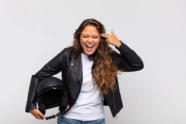 Young Woman Motorbike Rider Looking Unhappy Stressed Suicide Gesture Making — Stock Photo, Image