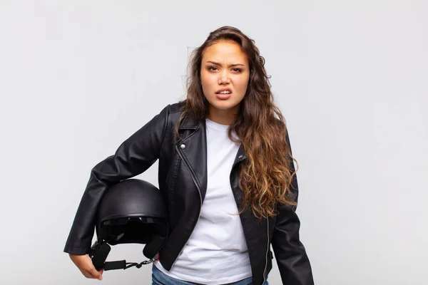 Young Woman Motorbike Rider Feeling Puzzled Confused Dumb Stunned Expression — Stock Fotó