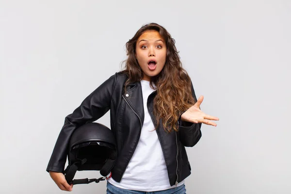 Young Woman Motorbike Rider Feeling Extremely Shocked Surprised Anxious Panicking — Stock Photo, Image