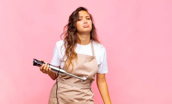 Young Woman Baker Feeling Sad Whiney Unhappy Look Crying Negative — Foto Stock