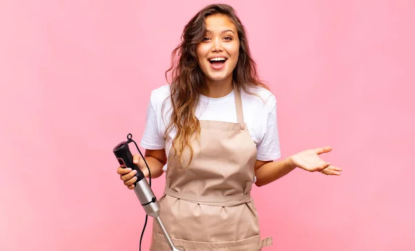 Young Woman Baker Feeling Happy Surprised Cheerful Smiling Positive Attitude — Zdjęcie stockowe