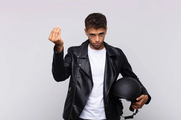 Young Motorbike Rider Making Capice Money Gesture Telling You Pay — Stockfoto