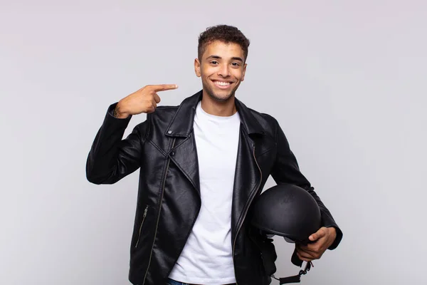 Young Motorbike Rider Smiling Confidently Pointing Own Broad Smile Positive — Stockfoto