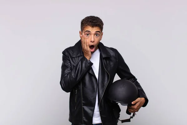 Young Motorbike Rider Feeling Shocked Scared Looking Terrified Open Mouth — Stockfoto