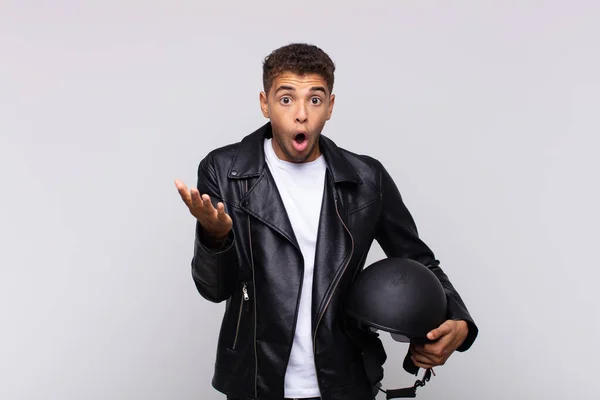 Young Motorbike Rider Feeling Extremely Shocked Surprised Anxious Panicking Stressed — Stok fotoğraf