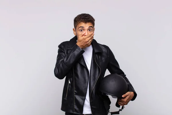 Young Motorbike Rider Covering Mouth Hands Shocked Surprised Expression Keeping — Stockfoto