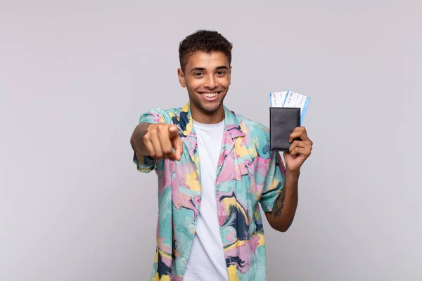 Young South American Man Pointing Camera Satisfied Confident Friendly Smile — Stock fotografie