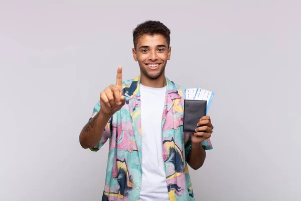 Young South American Man Smiling Looking Friendly Showing Number One — Stock fotografie
