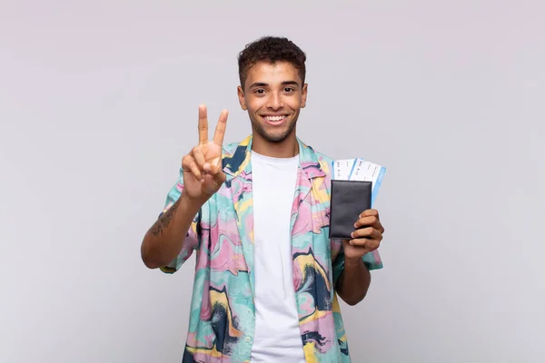Young South American Man Smiling Looking Friendly Showing Number Two — Stock fotografie