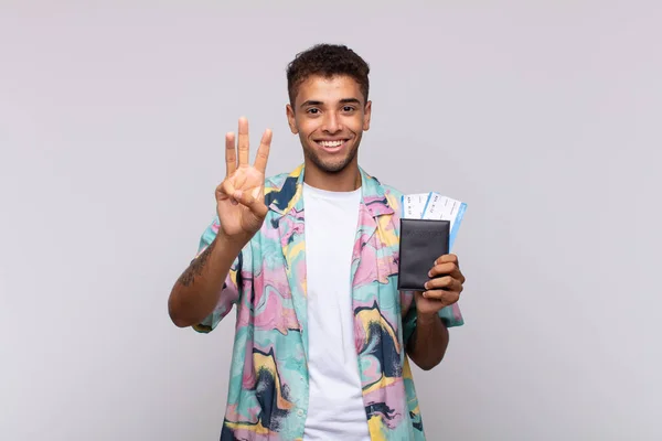 Young South American Man Smiling Looking Friendly Showing Number Three — Stock fotografie