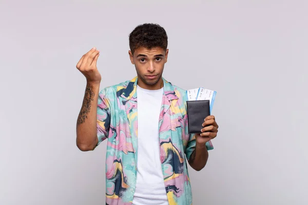 Young South American Man Making Capice Money Gesture Telling You — Stock fotografie