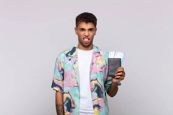 Young South American Man Feeling Disgusted Irritated Sticking Tongue Out — Stock fotografie