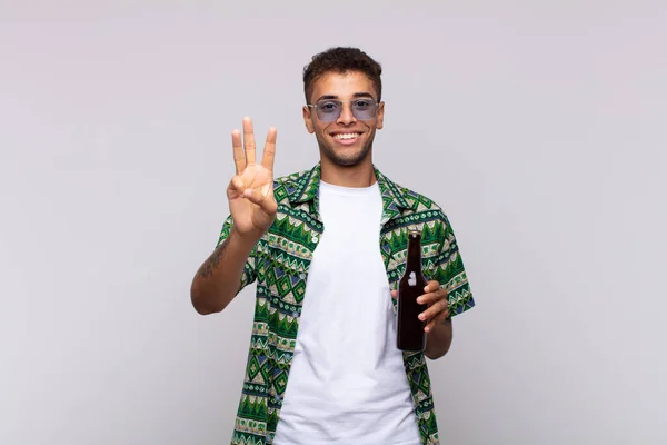 Young South American Man Smiling Looking Friendly Showing Number Three — Foto Stock