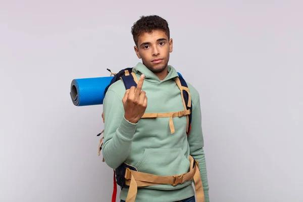 Young Hiker Man Feeling Angry Annoyed Rebellious Aggressive Flipping Middle — Fotografia de Stock