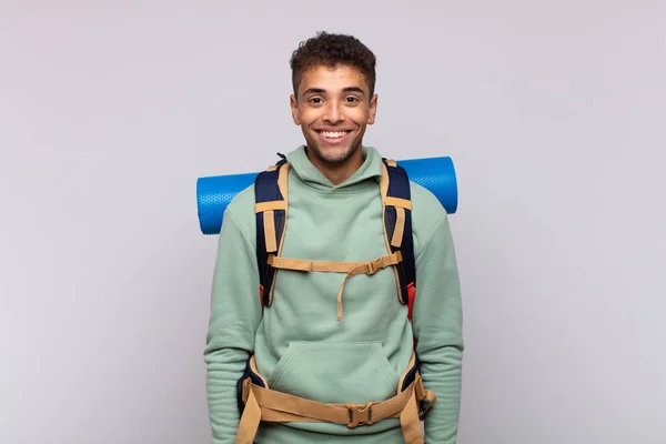 Young Hiker Man Looking Happy Pleasantly Surprised Excited Fascinated Shocked — Stockfoto