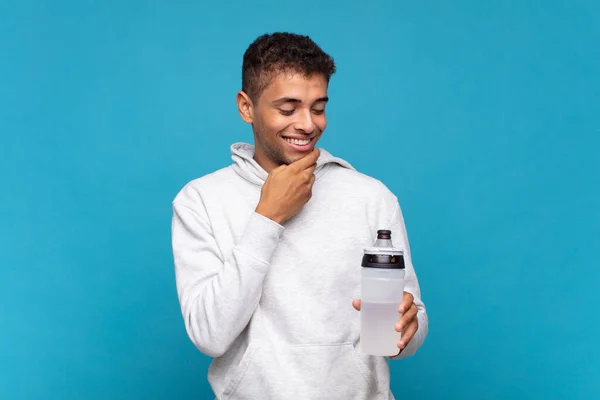 Young Man Smiling Happy Confident Expression Hand Chin Wondering Looking — Fotografia de Stock