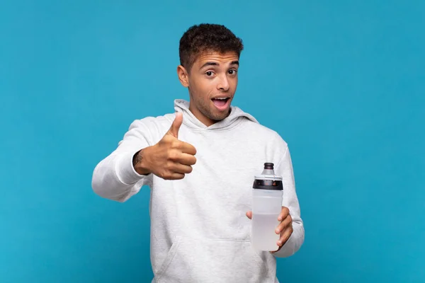 Young Man Feeling Proud Carefree Confident Happy Smiling Positively Thumbs — Fotografia de Stock