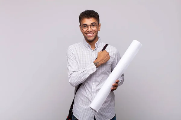 Jovem Arquiteto Homem Sentindo Feliz Positivo Bem Sucedido Motivado Enfrentar — Fotografia de Stock