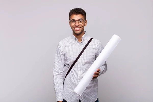 Jonge Architect Man Zoek Gelukkig Aangenaam Verrast Opgewonden Met Een — Stockfoto