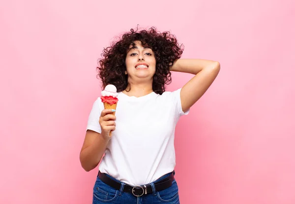 Young Woman Ice Cream Feeling Stressed Worried Anxious Scared Hands — Stock Photo, Image