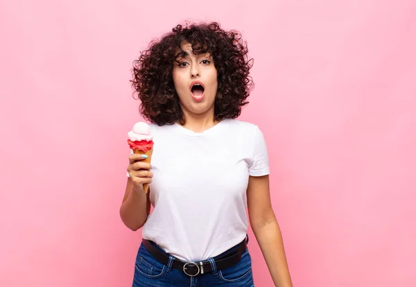 Young Woman Ice Cream Looking Very Shocked Surprised Staring Open — Stock Photo, Image
