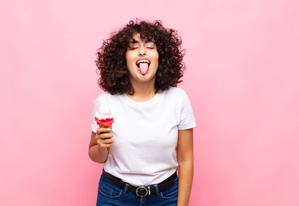 Young Woman Ice Cream Cheerful Carefree Rebellious Attitude Joking Sticking — Stock Photo, Image