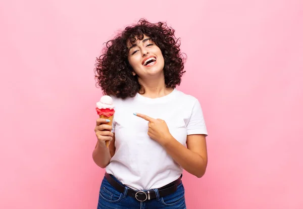 Young Woman Ice Cream Smiling Cheerfully Feeling Happy Pointing Side — Stock Photo, Image