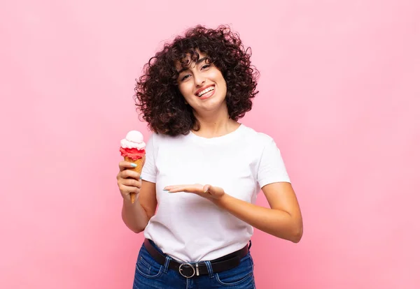 Young Woman Ice Cream Smiling Cheerfully Feeling Happy Showing Concept — Stock Photo, Image