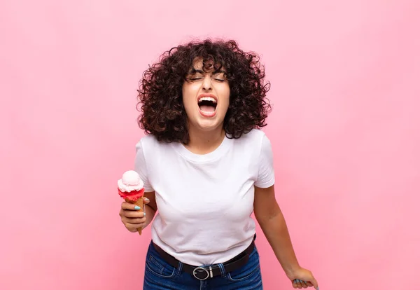 Young Woman Ice Cream Shouting Aggressively Looking Very Angry Frustrated — Stock Photo, Image