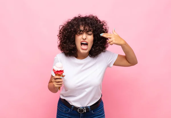 Young Woman Ice Cream Looking Unhappy Stressed Suicide Gesture Making — Stock Photo, Image