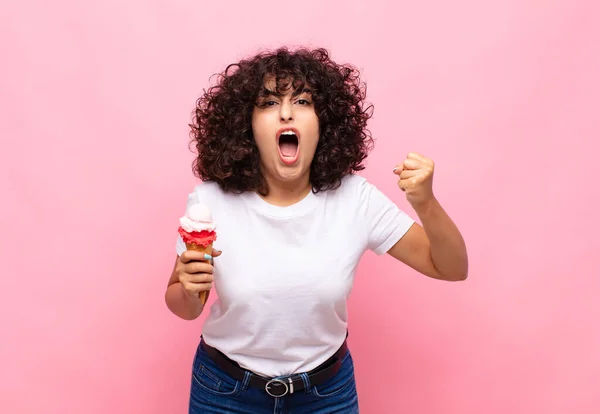 Young Woman Ice Cream Shouting Aggressively Angry Expression Fists Clenched — Stock Photo, Image